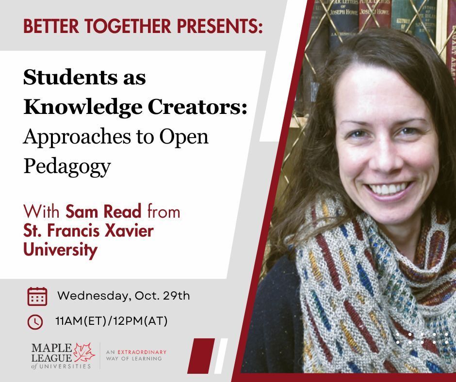 Interested in learning more about Open Educational Resource (OER)-Enabled Pedagogy? 

Sign up for the Maple League webinar "Students as Knowledge Creators: Approaches to Open Pedagogy"! 

Register here: lnkd.in/gTqQFCqj