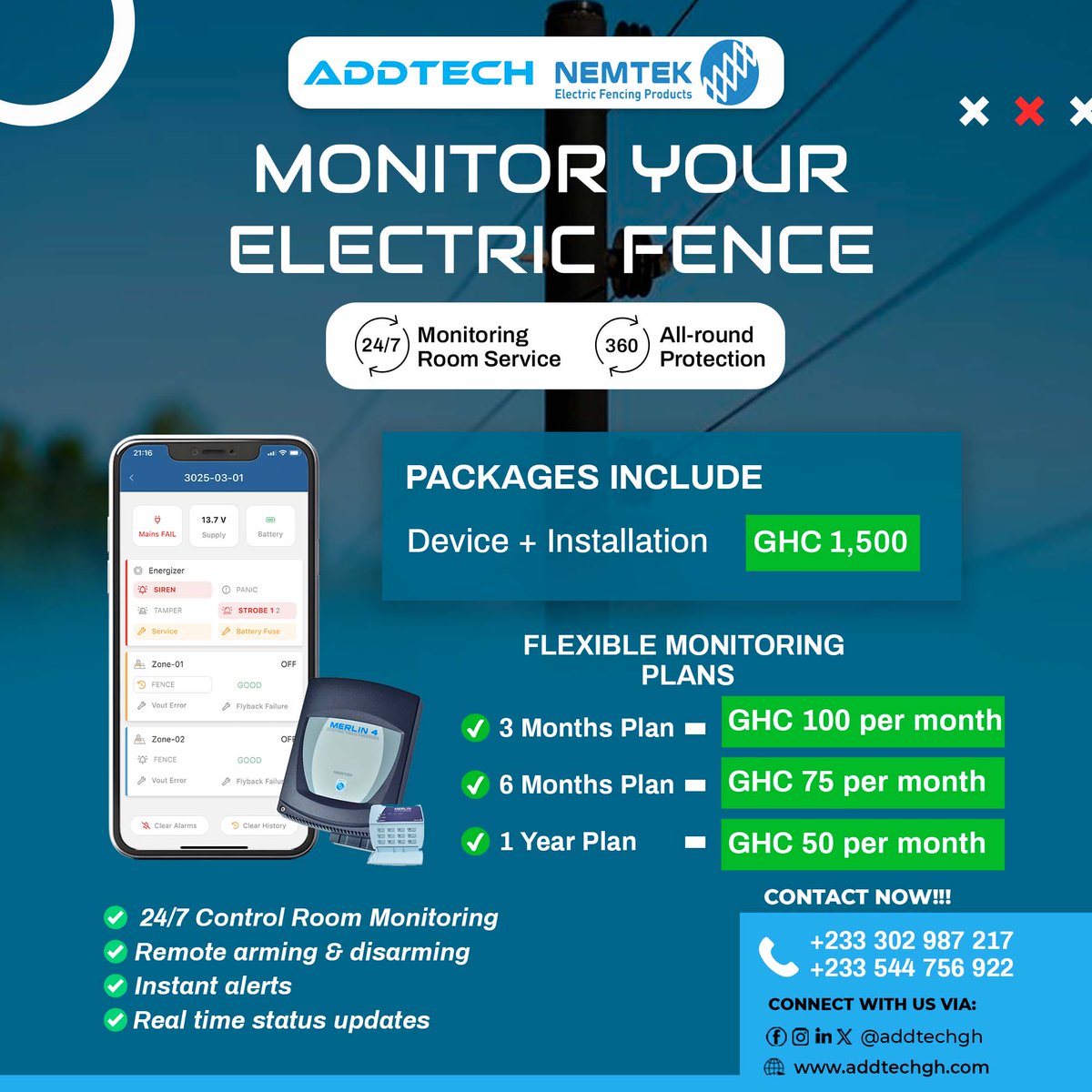 AddtechLimited's tweet image. Stay in control, stay secure! 🔒
Monitor your electric fence 24/7 with real-time alerts and remote access — all from your phone. 💡
#ADDTECH #Nemtek #ElectricFenceMonitoring #SecurityMadeSmart