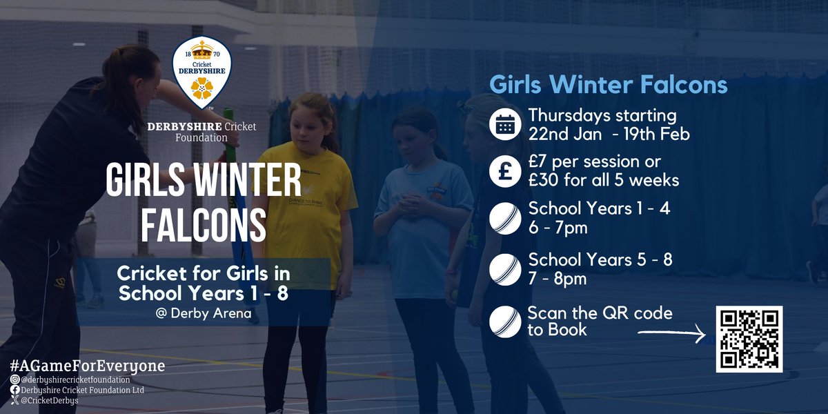 CricketDerbys's tweet photo. Girls Falcons session are back in the new year!

📅Thursday's starting 22nd Jan for 5 weeks
📍Derby Arena
🏏School Years 1-4 @ 6-7pm
🏏School Years 5-8 @ 7-8pm

Sessions are £7 per player or you can book onto all 5 weeks for £30

Book now⬇️
https://t.co/kTcMr42BVY https://t.co/UzdkNeOjek
