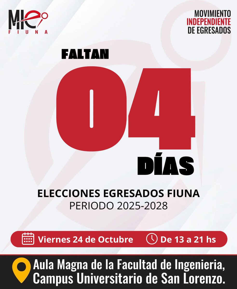 ¡Cada día cuenta! ⏳
Faltan solo 4 días para reafirmar nuestro compromiso con una FIUNA independiente, transparente y conectada con la realidad del país 💪
🗳️ Este viernes 24 de octubre, votá MIE por una #IngenieríaDelSigloXXI.
#MIE #FIUNA #CienciaEIndustria