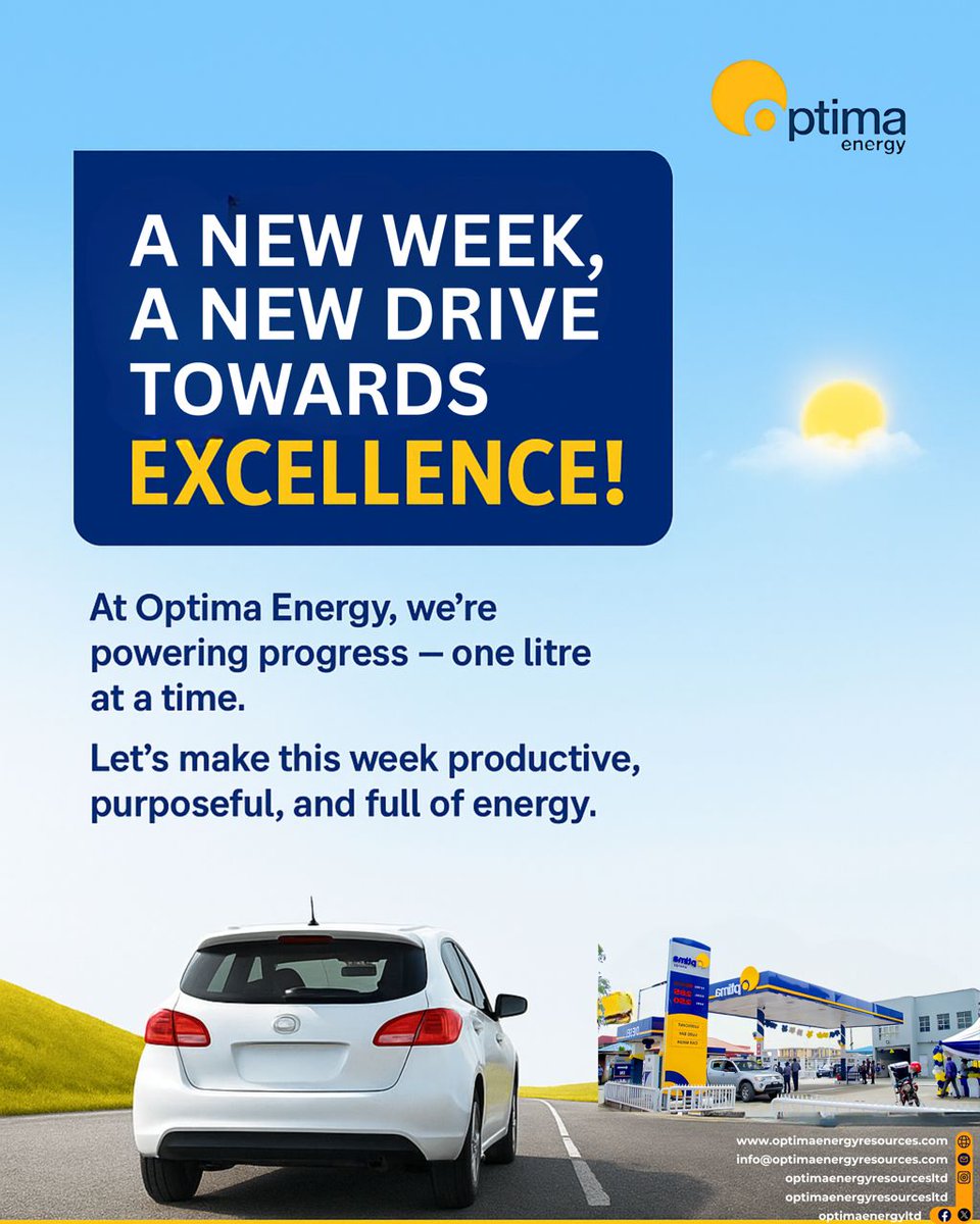 Fuel your week  with reliable energy that takes you further. 

At Optima Energy, our PMS and AGO are trusted to power businesses and reach the last mile. 

Visit your nearest Optima retail outlet today.

#OptimaEnergy
#downstreamoilandgas
#FuelYourProgress #EnergyToTheLastmile
