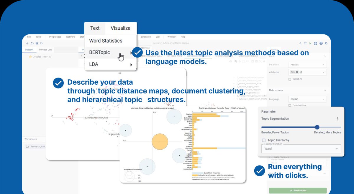 netminer's tweet image. Understand meaning, see insights 👀
Explore BERTopic & LDAvis in NetMiner 5 — just a few clicks, no coding needed!
Discover topics by meaning and visualize results instantly.
👉 netminer.com/en/support/new…
#BERTopic #LDAvis #TopicModeling #TextAnalysis #DataScience