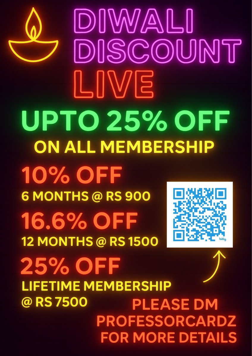 ProfessorCardz's tweet image. 🔥Hi Guys. Save Upto 37.5% on our Membership.

👉 Diwali Sale is Live. This offer will be over at 11:59 Hrs on 20 Oct 25. 

🚨Get access to members only Videos + WhatsApp Group Access + 15 mins of consultation with me over #WhatsApp. No need to get this membership if you are a…
