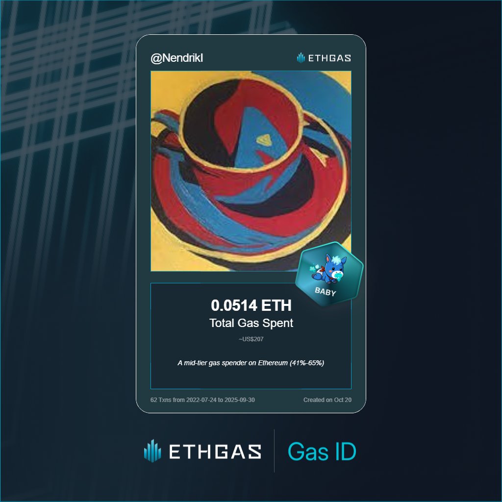 Leveled up in the Great Gas Reckoning with ETHGas! 💪

Baby Jack status: 0.0514 ETH gas spent, 12 Beans earned—supporting the Gasless Future!

Claim your Gas ID at ethgas.com/community/gas-…