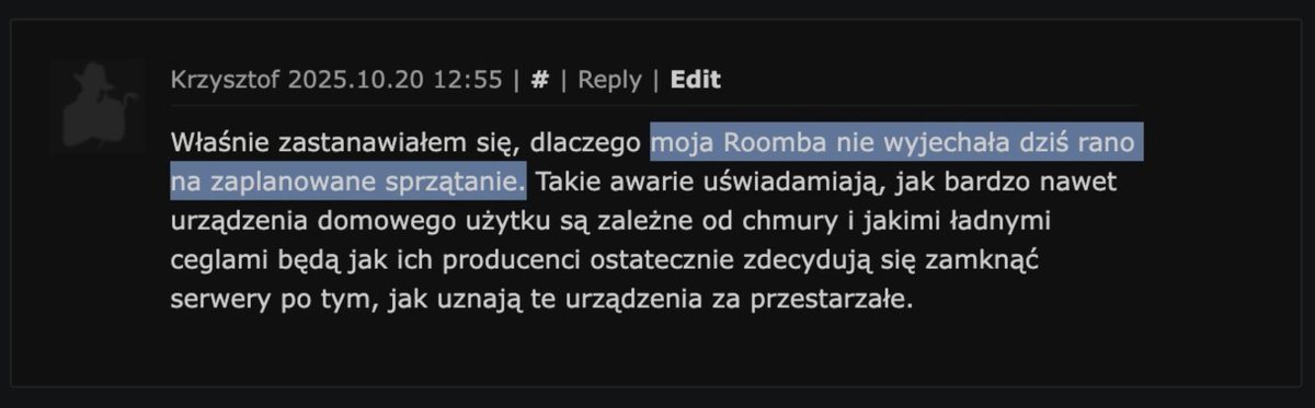 PerplexityPRO_'s tweet image. Roomba dziś sie posprzątała domu! 

Taki skutek dzisiejszej awarii dla użytkowników tego produktu ale nie tylko - problem pojawiał się także na innych urządzeniach. 

Źródło-  @niebezpiecznik 

#aws #amazon #amazonisdown