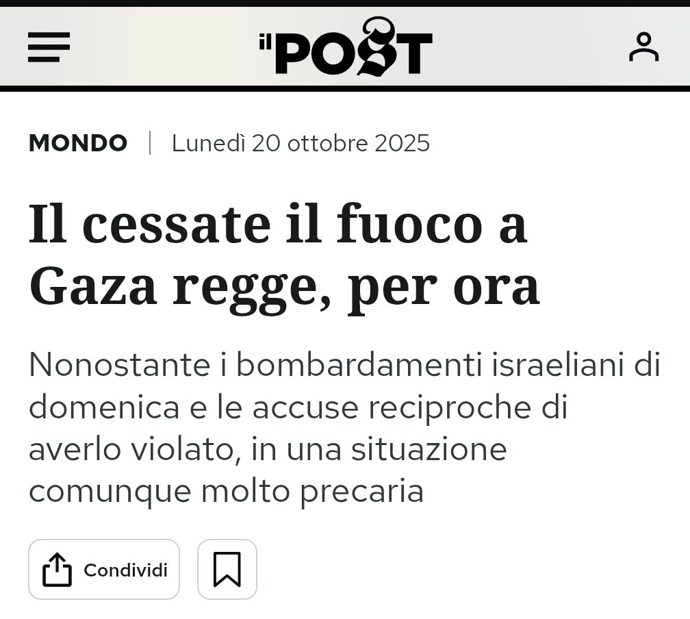 "Il cessate il fuoco regge nonostante i bombardamenti" è letteralmente fallace a livello di logica. Il contenuto incommentabile: 47 violazioni dal 10/10, almeno 97 morti e i bombardamenti intensi di ieri, ma diciamo che regge. Che pena