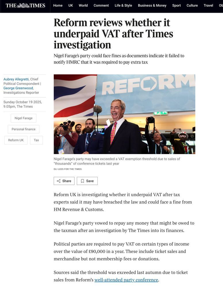 BladeoftheS's tweet photo. Reform UK didn't bother paying VAT and it was only uncovered after The Times investigated.

Please tell me why it is Disabled People and Pensioners bank accounts we are spying on and not Billionaires and Politicians. https://t.co/skVOXs83Lp