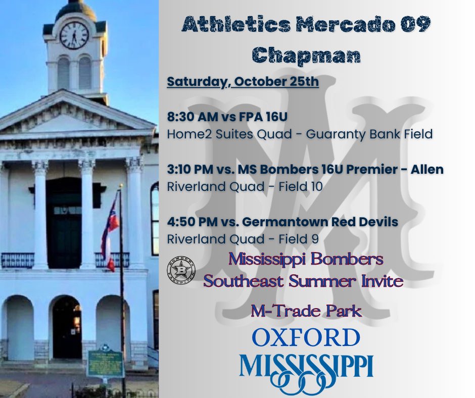 AM09Chapman's tweet image. Our girls are headed to Oxford, Mississippi for the Mississippi Bombers Southeast Summer Invite at M-Trade Park!

🗓 Saturday, October 25th
📍 Oxford, MS

🕣 8:30 AM – vs. FPA 16U
🏟 Home2 Suites Quad – Guaranty Bank Field

🕒 3:10 PM – vs. MS Bombers 16U Premier – Allen
🏟…