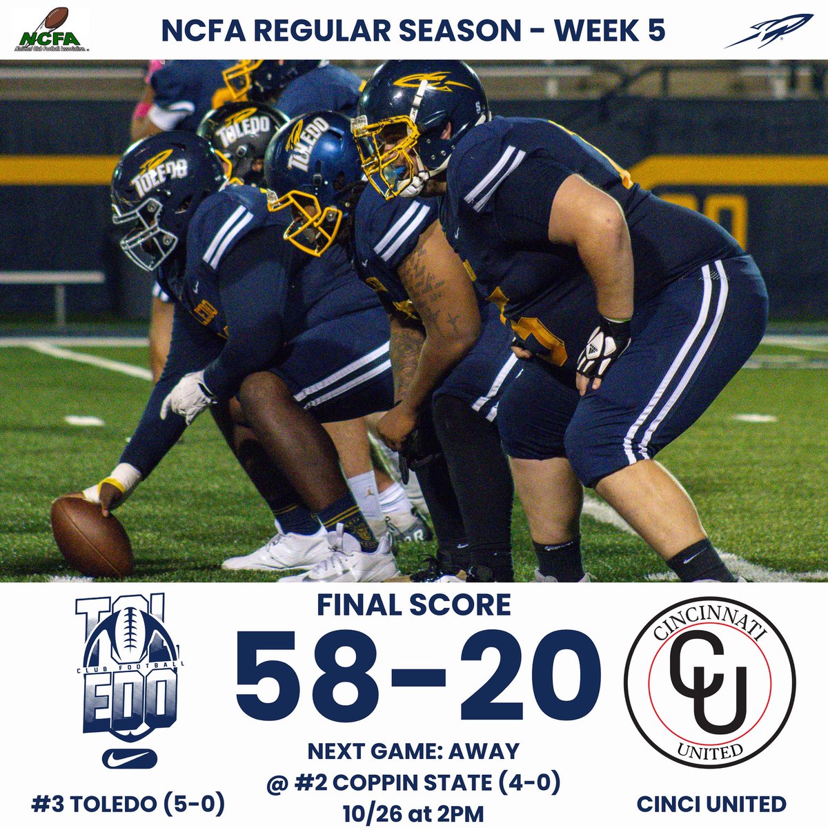 Final score from last night! 🚀 

Toledo Club Football with the 50 🍔 (<a href="/barstoolsports/">Barstool Sports</a> <a href="/BarstoolBigCat/">Big Cat</a>) to remain undefeated (5-0) and maintain #3 in the nation as we travel to Baltimore this weekend to take on undefeated #2 Coppin State! (4-0 NCFA, 5-0 Overall)