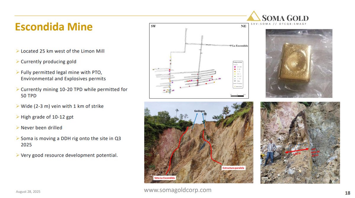 SomaGoldCorp's tweet image. La Escondida Mine 📍
Our latest presentation highlights Soma’s newest asset — the fully permitted La Escondida Mine. Located within trucking distance of the El Limón mill, this high-grade #gold project offers near-term development potential and scalability.
✔️ High-grade vein…