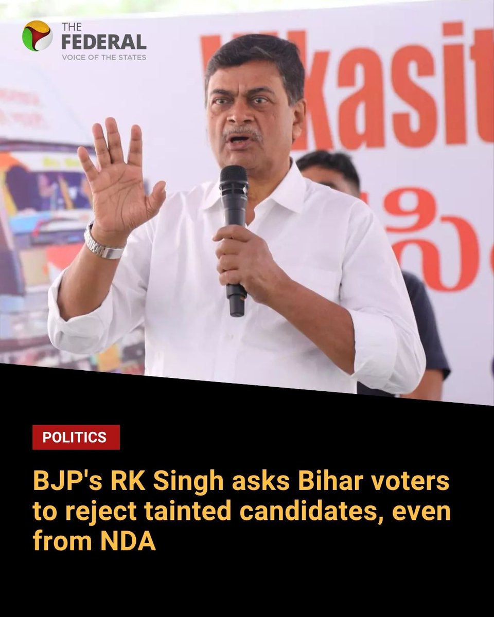 TheFederal_News's tweet image. Bureaucrat-turned-politician RK Singh names NDA's Samrat Choudhary and JD(U)'s Anant Singh among others, urging people to use NOTA if required.
Read more: thefederal.com/category/elect…
#RKSingh #BiharElection2025 #BJP #NDA