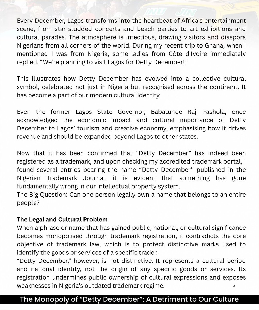OptimistIBK's tweet image. This piece is a call to the Trademark Commission to take stronger measures in protecting expressions that define our shared culture. The fact that the name "Detty December" has been registered does not mean it cannot be reviewed or revoked in the public interest.
#dettydecember