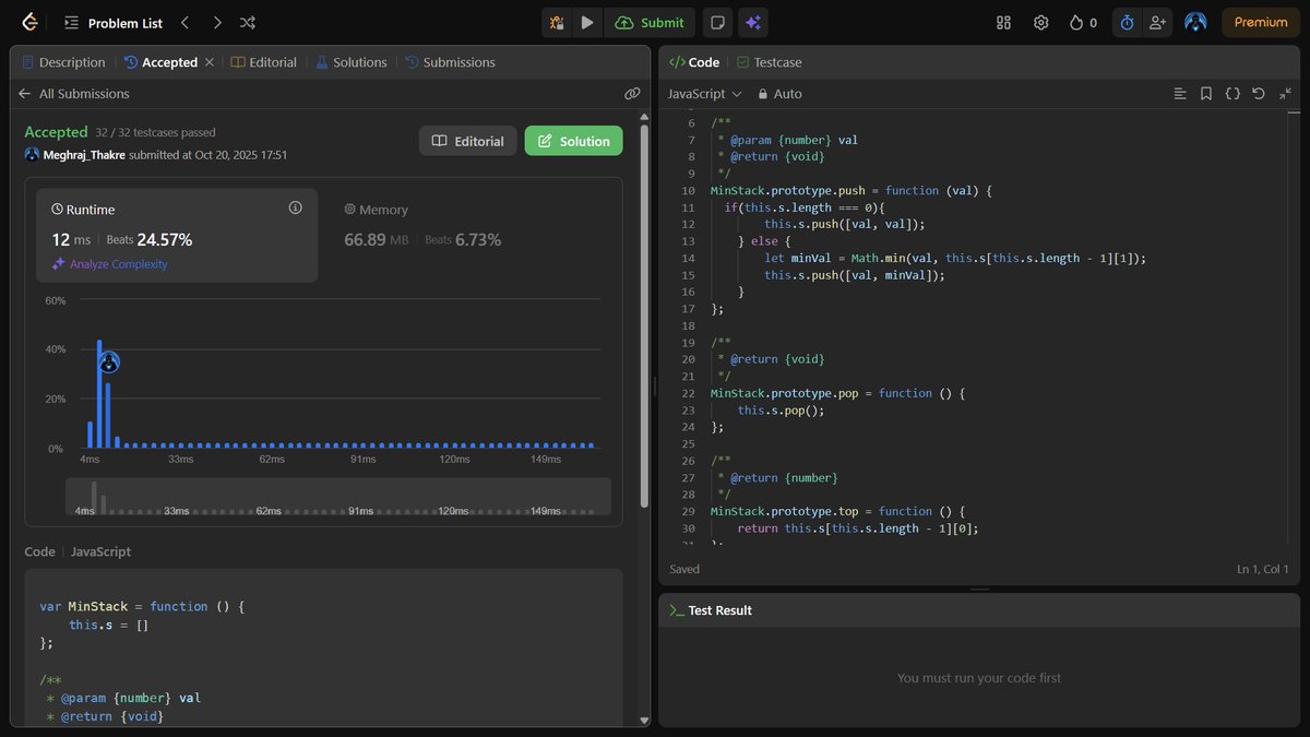 meghraj_thakre1's tweet image. Day 40 — DSA Grind 🔥
Solved
🧩 Min Stack
🧩 Valid Parentheses
Both are pure stack magic!
Loved how storing just one extra value can make getMin() O(1),
and how clean bracket matching logic can be 🧠
Big thanks to @akshaymarch7 for keeping DSA fun 🙏
#Day40 #DSA #JavaScript
