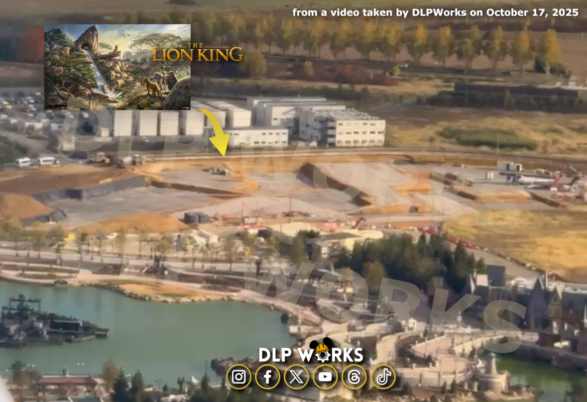 DLPWorks's tweet photo. [Aerial Views] ✈️🦁 #DisneyAdventureWorld Lion King Land Construction Update – October 17, 2025

➡️ Captured from a video taken by #DLPWorks (full video available via the TikTok link below), this aerial view shows the current stage of construction at the future Lion King Land just behind World of Frozen.
➡️ The project has now entered what looks like, the substructure phase, following the completion of "foundational" works:
➖ Installation of sanitation and drainage systems (for both wastewater and stormwater).
➖ Progressive setup of underground utilities that will later supply the show building and backstage areas.
➖ Implementation of ground waterproofing and drainage layers, protecting the structure’s base from humidity.
➡️ This crucial phase prepares the site for the upcoming ground floor slab (plancher bas), which will mark the transition toward vertical construction.
➡️ Another step forward for one of #DisneylandParis’ most ambitious additions, the future World of Lion King!

🔗 Full aerial video available here : https://t.co/DMjOf0SNoh