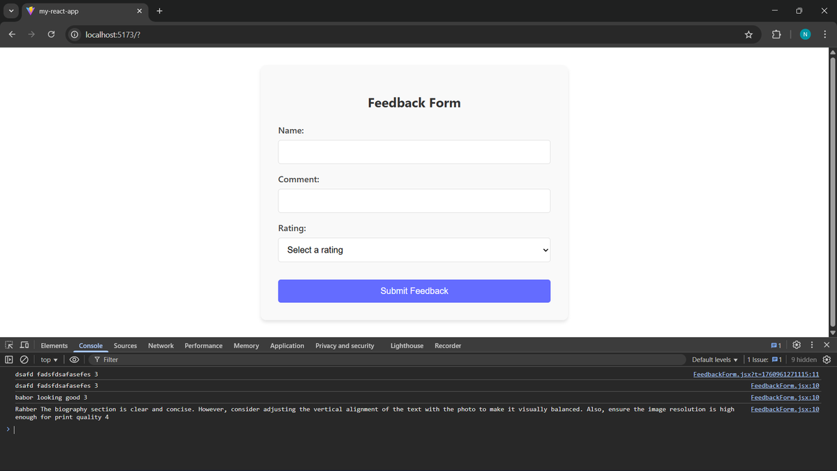SabbirHoss50140's tweet image. Day 4 of learning React
Learned Forms & Controlled Components
and
Made a small feedback form