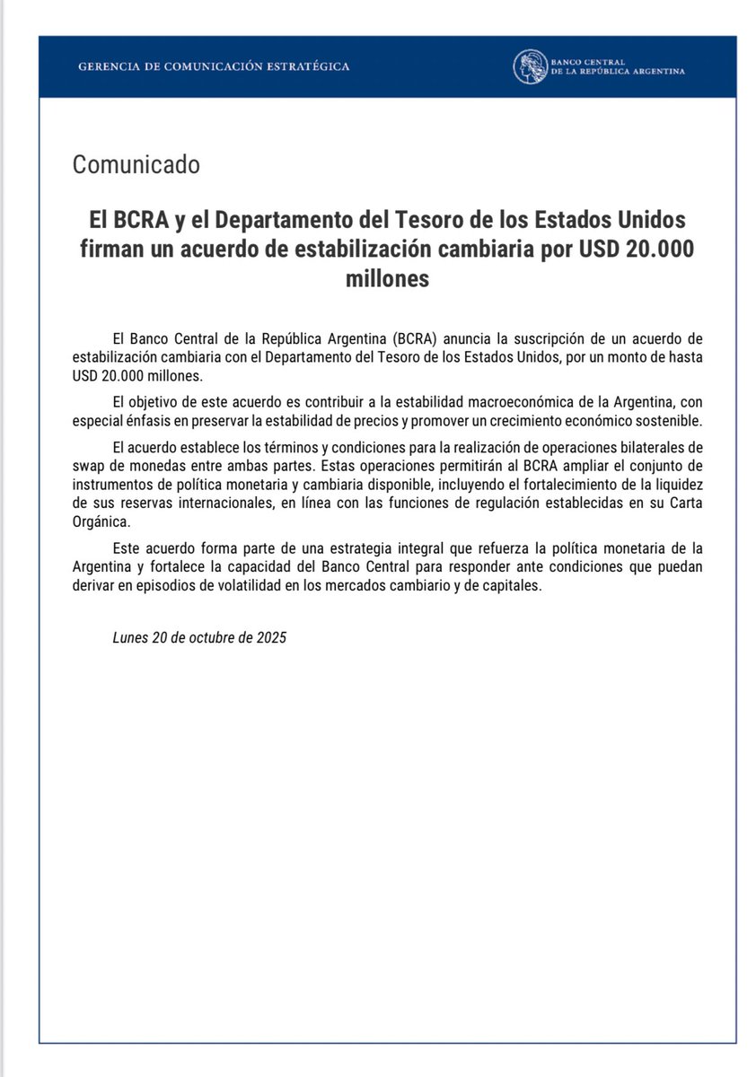 Felii_N's tweet image. El BCRA y el Tesoro de Estados Unidos firmaron el acuerdo de estabilización cambiaria por USD 20.000 millones.