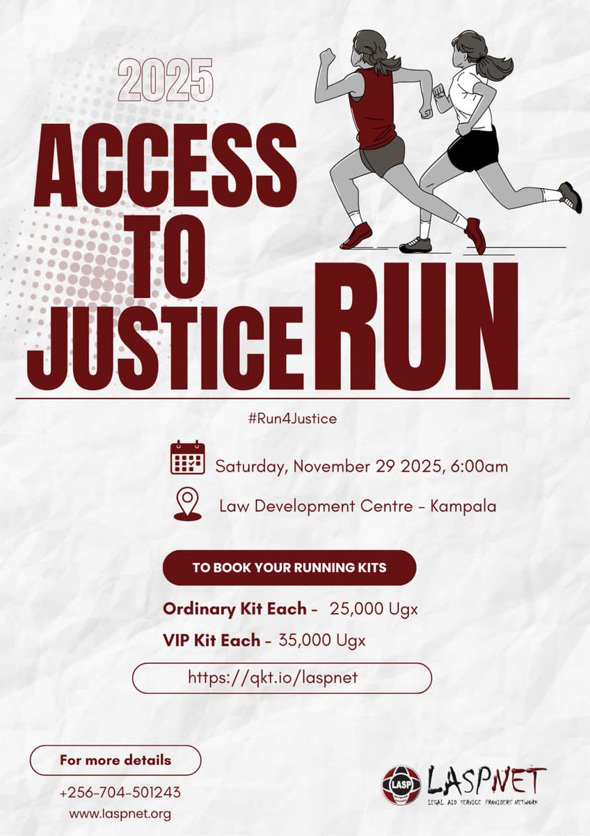 Be part of this inspiring cause by purchasing your ticket &amp; run kit today through the link below 👇

🎟️ qkt.io/laspnet 

Together,let’s run for Justice,Equality, &amp; Impact!

#Run4Justice

 <a href="/justicedefends/">Justice Defenders</a> <a href="/NCHRD_UG/">NCHRDs-UG</a> <a href="/Parliament_Ug/">Parliament of Uganda</a> <a href="/actvuganda/">ACTV - Against Torture</a> <a href="/Uganetlaw/">UGANET</a> <a href="/infoUclf/">Uganda Christian Lawyers Fraternity</a> <a href="/uwonet/">Uganda Women's Network</a>