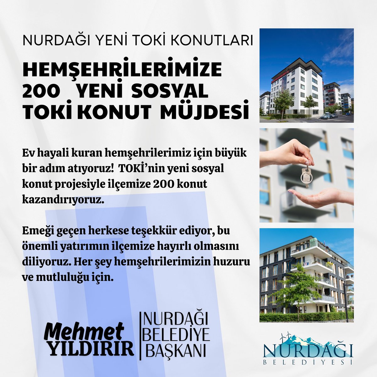 Ev hayali kuran hemşehrilerimiz için büyük bir adım atıyoruz!
TOKİ’nin yeni sosyal konut projesiyle ilçemize 200 konut kazandırıyoruz.

Emeği geçen herkese teşekkür ediyor, bu önemli yatırımın ilçemize hayırlı olmasını diliyoruz.
