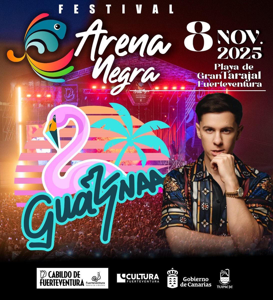 💥 La fiesta más sabrosa del año llega al Arena Negra 2025 y esto va a ser una locura total 🌴🫶

El sábado 8 de noviembre, Guaynaa se adueña de la playa de #GranTarajal con su flow caribeño, su nueva vibra salsera y toda la energía que pone a bailar al planeta entero 💃🏽🎺