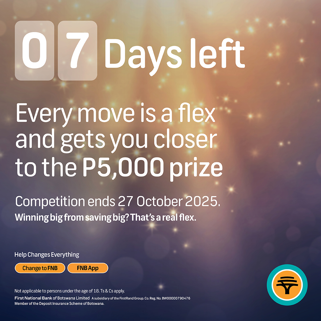 FNB_Botswana's tweet photo. 07 Days left

Every move counts. Keep saving and get closer to your P5,000 win. 
Competition ends 27 October. 

Winning big from saving big? That’s a real flex.

#HelpChangesEverything
#SaveAndWin 
#LoveFNB https://t.co/NWschbxt1R
