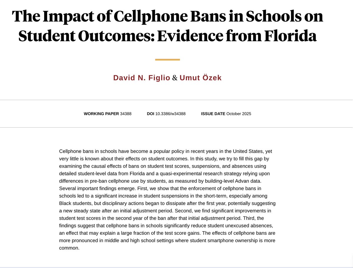 New evidence on the effect of cell phone bans in schools just dropped.

"Enforcement of cellphone bans in schools led to a significant increase in student suspensions in the short-term ... but disciplinary actions began to dissipate after the first year, potentially suggesting a