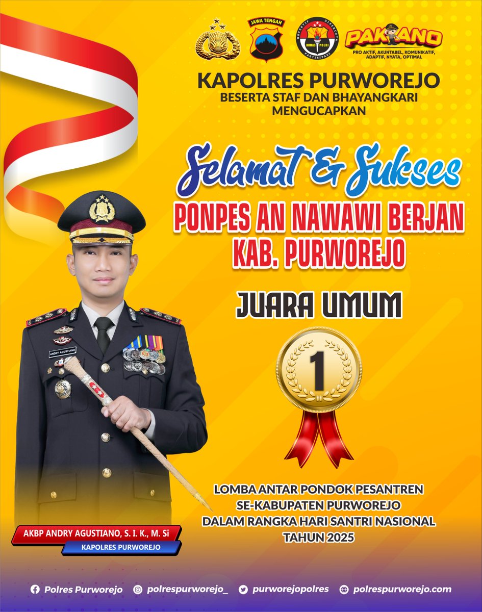 Keluarga Besar Polres Purworejo mengucapkan selamat dan sukses setinggi-tingginya kepada Pondok Pesantren An Nawawi Berjan atas prestasi gemilang meraih Juara Umum dalam rangkaian Lomba Antar Pondok Pesantren se-Kabupaten Purworejo dalam menyambut Hari Santri Nasional 2025.
