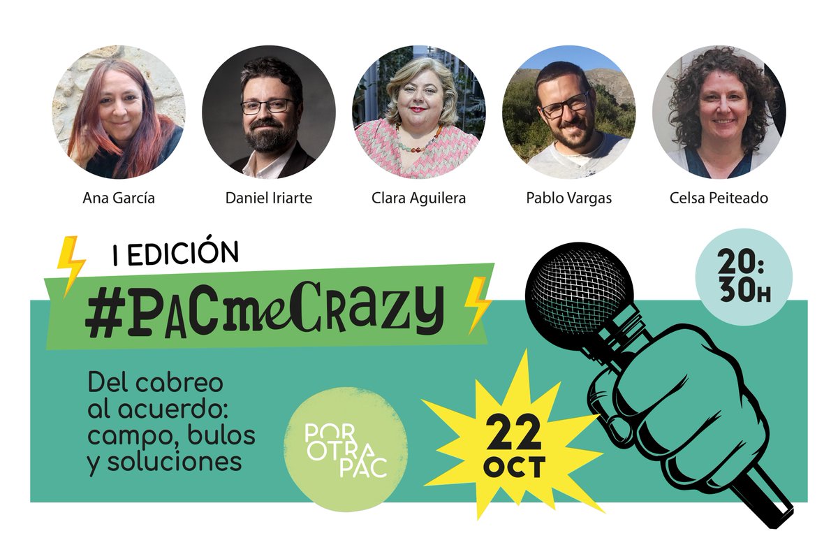 🎭 Este miércoles se celebra #PACmeCrazy, el primer encuentro de monólogos #rurales en clave de humor.
<a href="/ClaraAguilera7/">CLARA AGUILERA</a>, <a href="/Danieliriarteo/">Daniel Iriarte</a>, Celsa Peiteado, Pablo Vargas y Ana García explicarán que pasa en el campo con rigor, respeto… y una sonrisa. 
+info👇
porotrapac.org/arranca-pacmec…