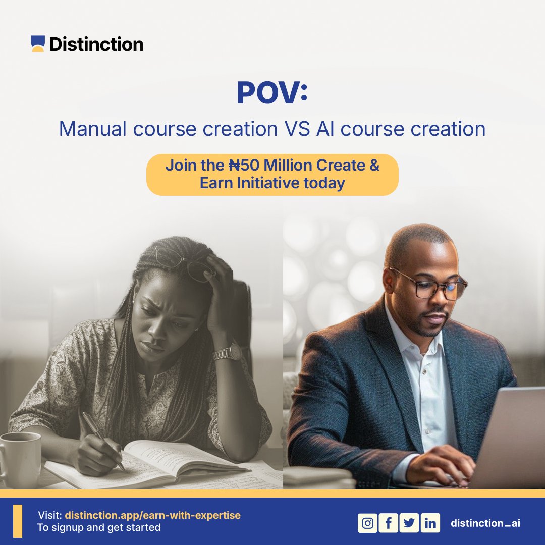 getDistinction's tweet image. Thousands of lecturers are moving from manual teaching stress to AI-powered success.
Be part of Nigeria’s ₦50 Million Create &amp;amp; Earn movement.

Start today 👉 distinction.app/earn-with-expe… 

#CreateAndEarn #Distinction #FlexiSAF #CreateWithDistinction