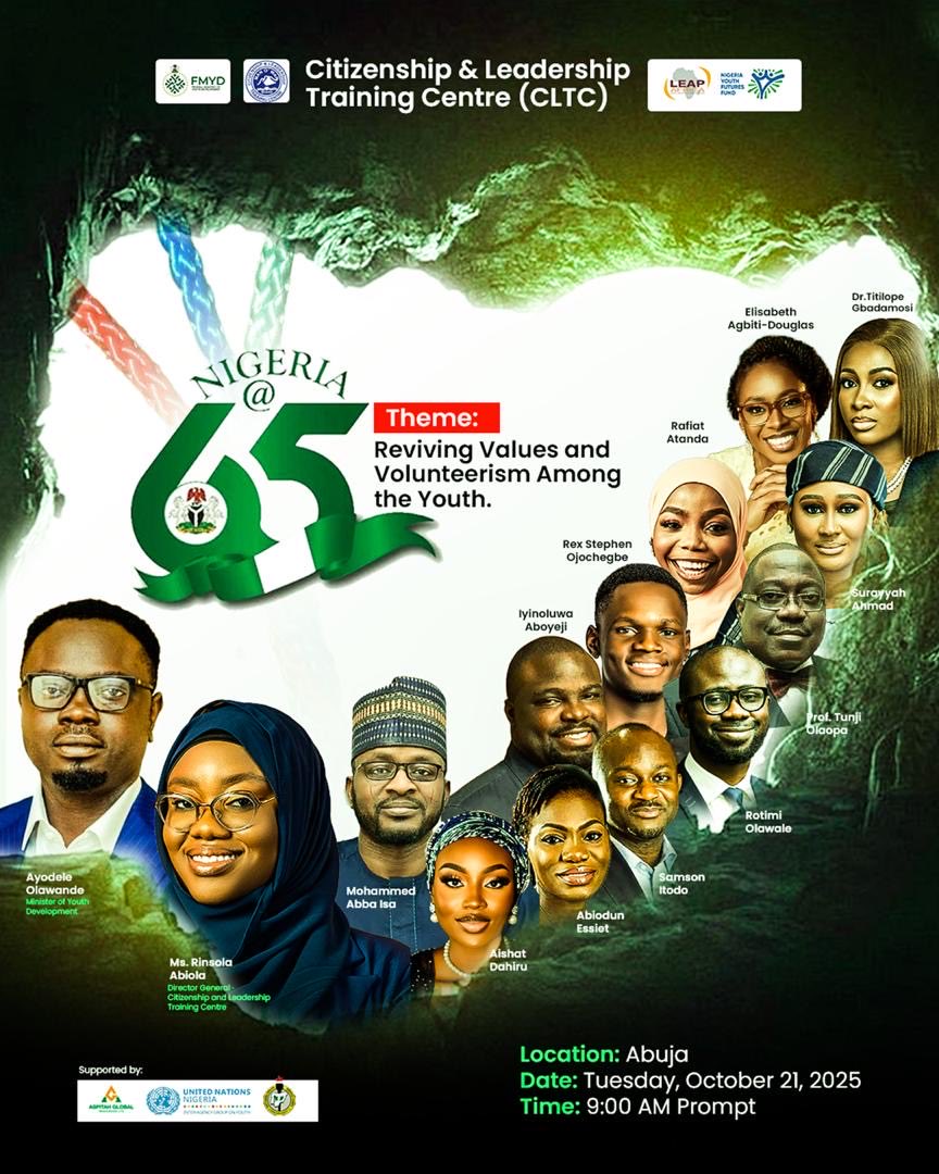 The Citizenship and Leadership Training Centre (<a href="/cltcnigeria/">CLTC NIGERIA</a>) is set to host the Nigeria @ 65 Conference tomorrow in Abuja.

With the theme “Restoring Values and Volunteerism Among the Youth,” the event aims to inspire a new generation of Nigerians to embrace service,