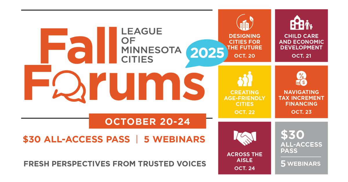 MinnesotaCities's tweet photo. Fall Forums start today! Join us at 9 a.m. for Designing Cities for the Future — the first of five webinars exploring innovation and collaboration in #MnCities. 

Secure your all-access pass and tune in live! https://t.co/j4fgisGWyq https://t.co/PsVpbkvlbR