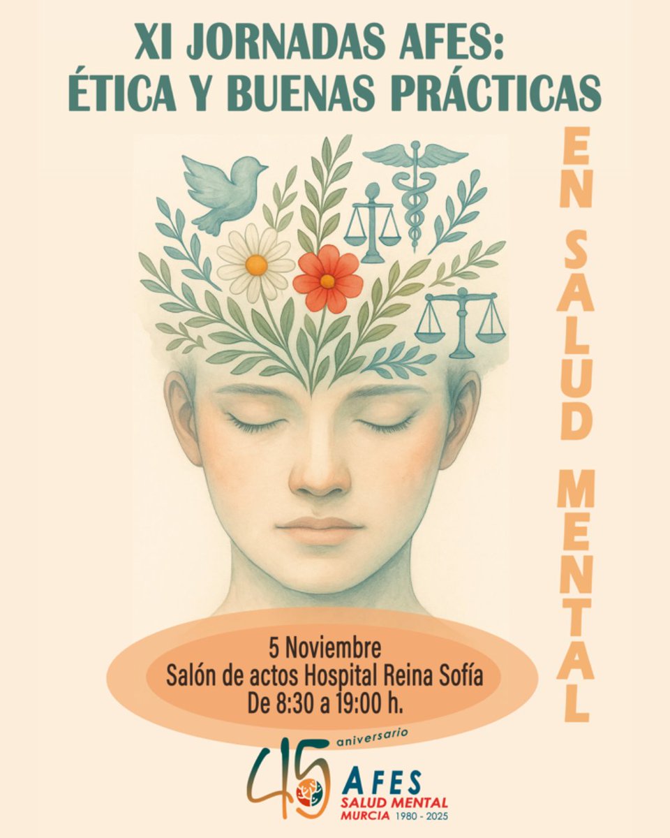 🗣️XI Jornadas sobre "Ética y Buenas Prácticas en Salud Mental"
📆 5 de noviembre de 2025
🕒 De 8:30 a 19:00 h
📍Salón de Actos del Hospital General Universitario Reina Sofia
🔗Info en nuestra web: enfermeriademurcia.org/jornada-congre…