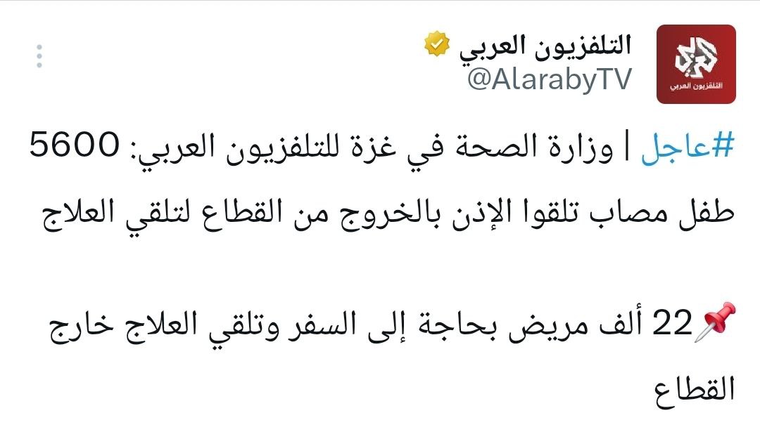 Director-General of the Palestinian Ministry of Health in Gaza, Munir al-Barsh:

22,000 patients need to leave the Gaza Strip to receive medical treatment abroad.

##

If Israel approves their departure along with five companions per patient, that would already amount to more
