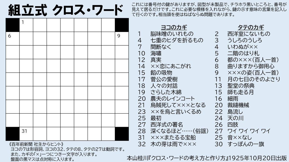 文化◆20日、本山桂川(37)の『クロス・ワードの考え方と作り方』が出版される。漢字のみ、漢字仮名交じりなどの変則パズルの紹介や、パズル作成の注意点、特別な技巧のアイディアなどを収録。ブームをさらに盛り上げる。　＝百年前新聞社 (1925/10/20)

▼掲載された「高級クロス・ワード」の一例