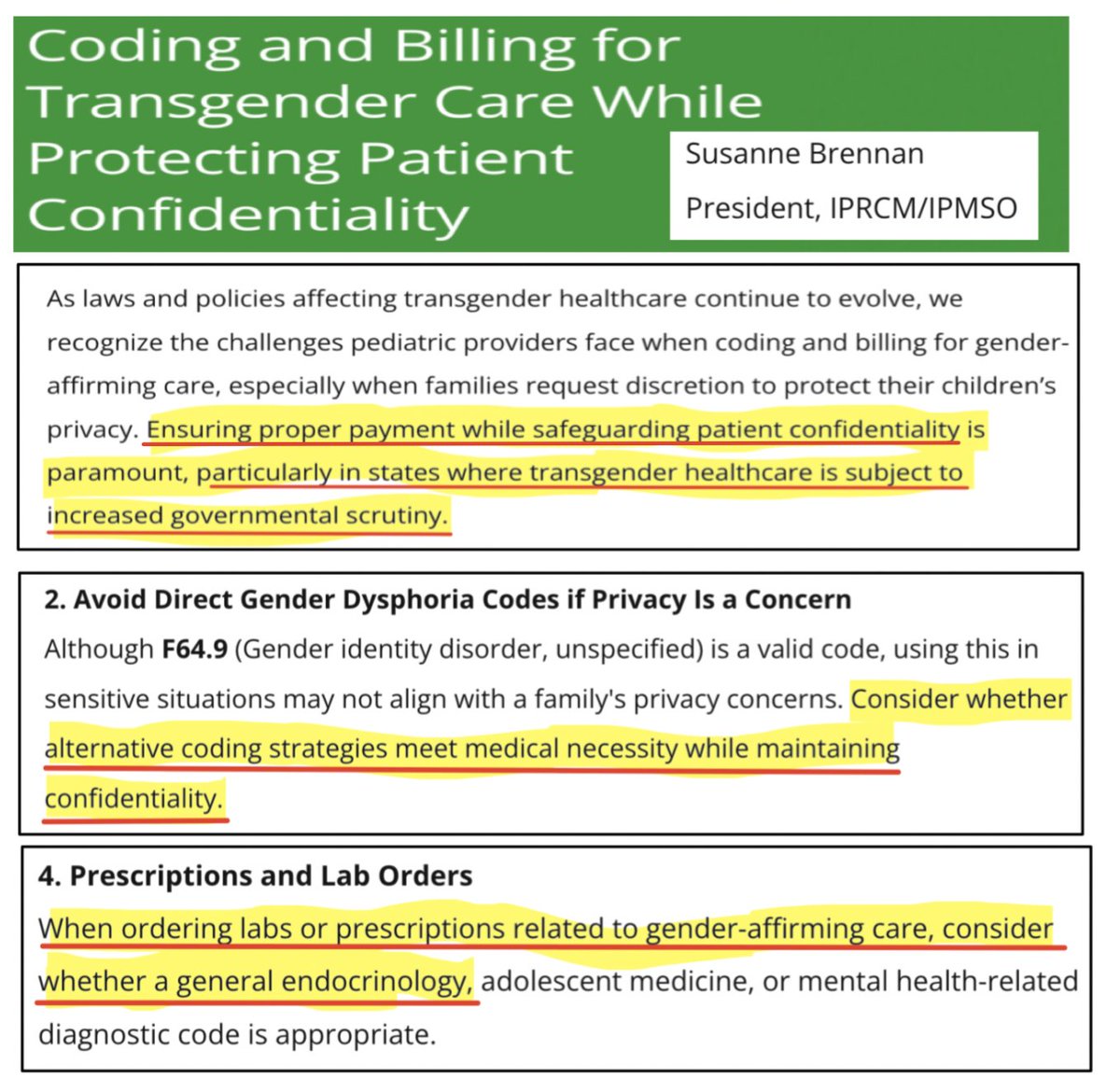 EithanHaim's tweet image. After yesterday's post, @ACSEngSafety shared a blog written by Susanne Brennan (she/her/hers), President of IPRCM, a pediatric healthcare billing company.
"Coding and Billing for Transgender Care While Protecting Patient Privacy."
The title is a major red flag, but the post…