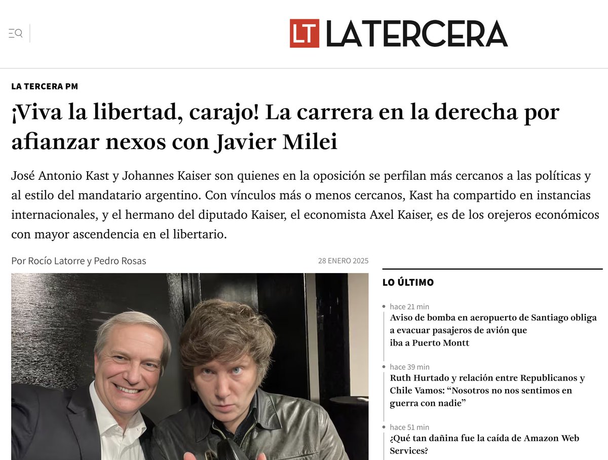 Acá en Chile los programas de las candidaturas de la derecha se han inspiran y toman como referencia las políticas de recorte en Argentina.

Y ahora Trump sale a decir que no lo están haciendo bien (Milei), y el rescate es porque en Argentina hoy se están muriendo de hambre...🤦🏽‍♂️