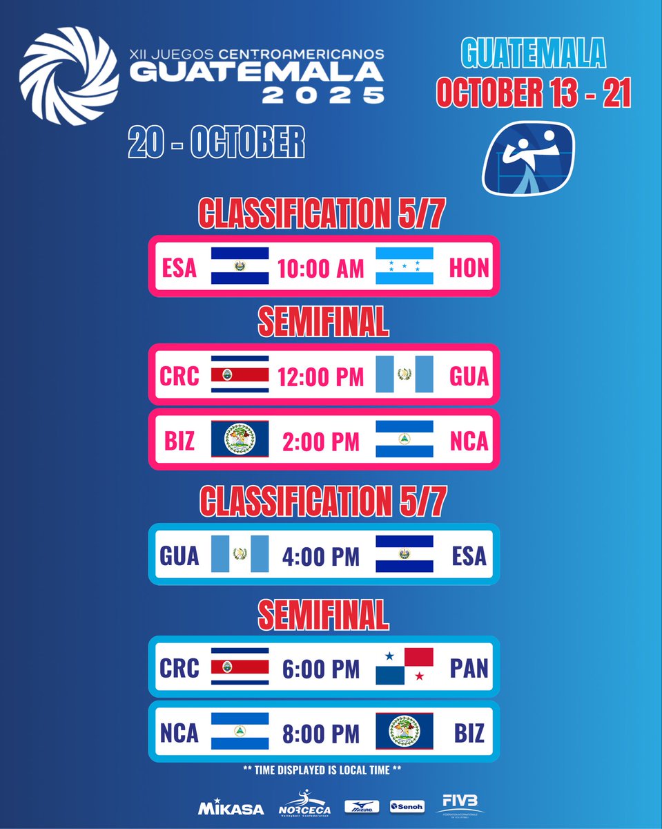 DAY 4️⃣🏐12th Central American Games Guatemala 2025 - CLASSIFICATION 5/7 AND SEMIFINALS 

🇬🇹🇧🇿🇨🇷🇸🇻🇭🇳🇳🇮🇵🇦

📍Teodoro Palacios Flores Gymnasium 🇬🇹
📆 October 20

#norceca #afecavol #volleyball