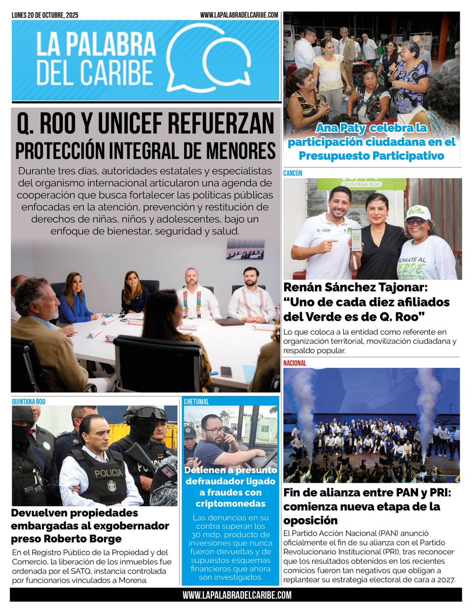 Quintana Roo y UNICEF refuerzan la protección integral de niñas, niños y adolescentes - bit.ly/473CRWo
----
Polémica en Quintana Roo: devuelven propiedades embargadas al exgobernador preso Roberto Borge - bit.ly/48ysGtY