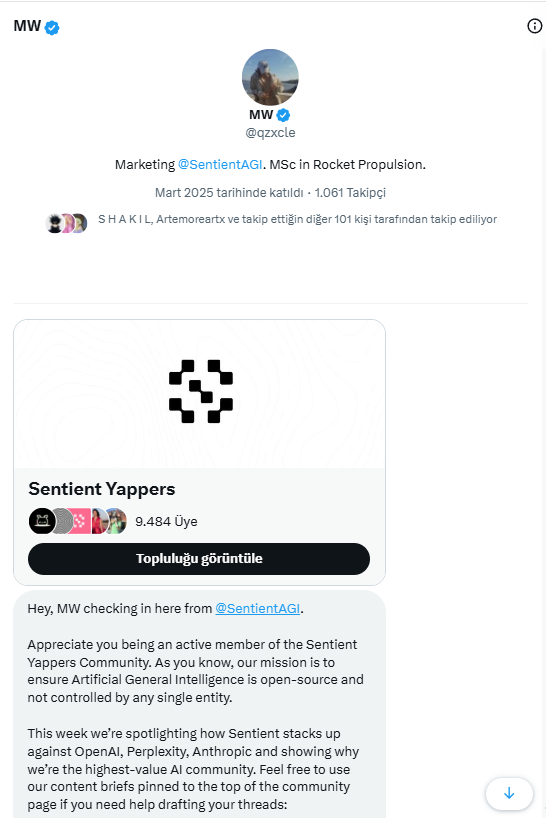 1stofthekumans's tweet photo. gSenti,
to every part of Sentient Community!

Starting the day with this message is truly an honor and a joy.  It has also been a great source of motivation. ✊

I would like to thank @qzxcle and the entire team for seeing the efforts of the community's active members and standing by them.

We will continue on this path we have embarked on with @SentientAGI , without giving up, without wavering, and supporting each other.We will show the entire CT how big of a community we are.

We will always publicize the team's work and continue to shout together that:
                              “making open-source AI win.”

Not to forget:
This week, we discuss how #SentientAGI compares to OpenAI, Perplexity, and Anthropic and show why we are the highest-value AI community.
@shad_haq_ @scalpkripto @SentientTurkiye