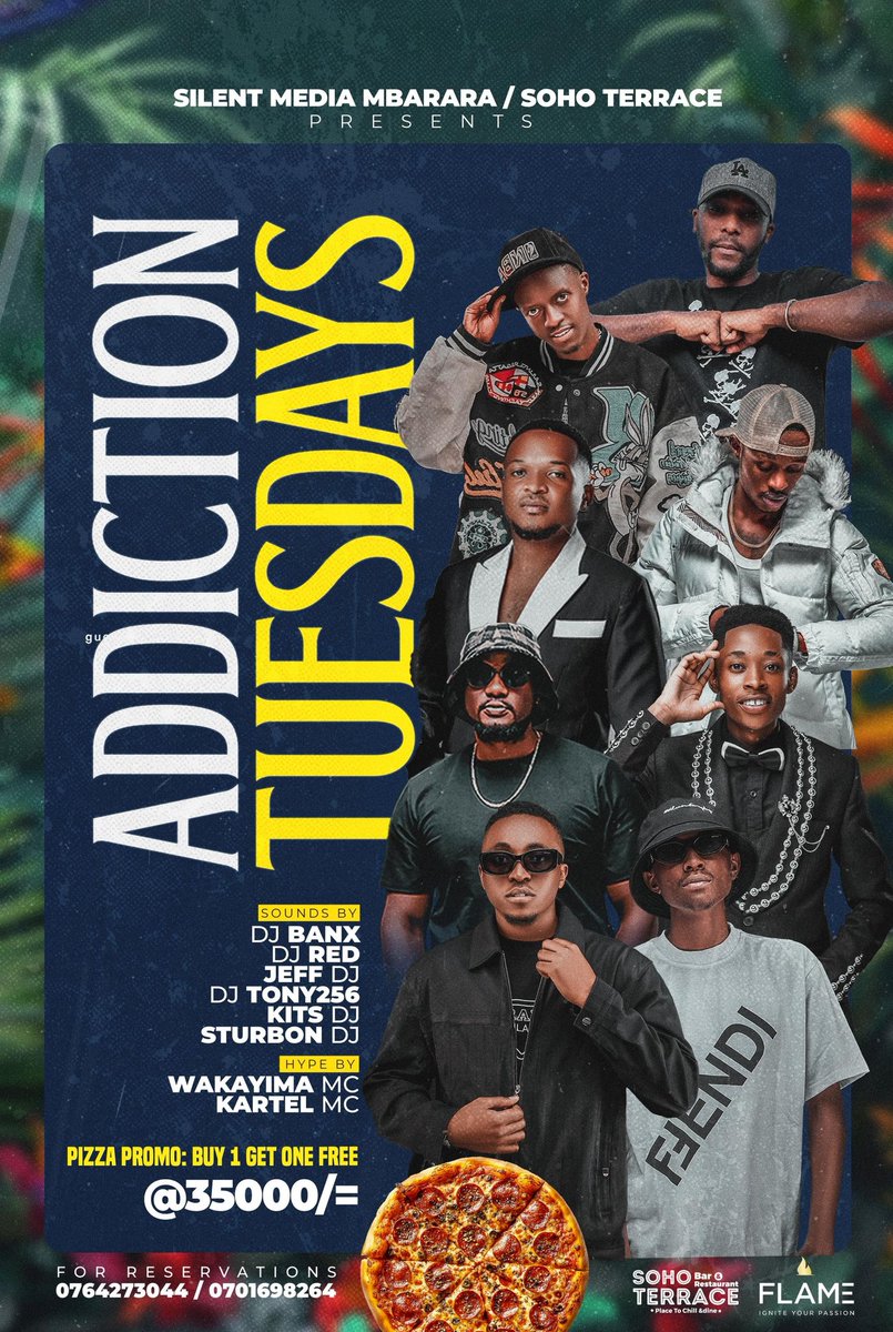Tuesdays just got a whole lot hotter! 🔥 Join us for #AddictionTuesdays at Soho Terrace Mbarara, with Silent Media, top DJs &amp; MCs, and a pizza BOGO deal! 🍕🎉