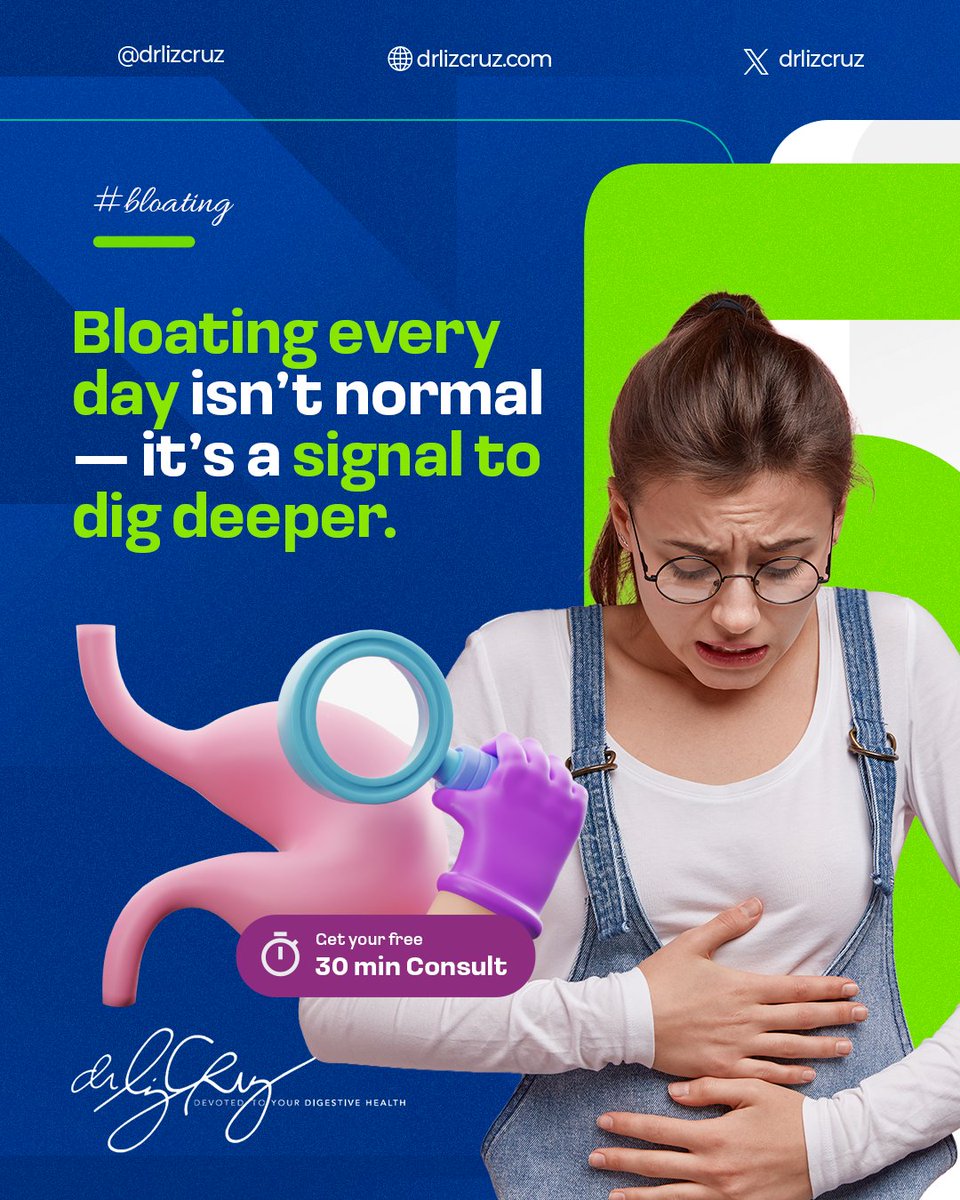 drlizcruz's tweet image. 😣 Bloating every day isn’t normal — it’s a signal to dig deeper.

Daily bloating could be a sign of inflammation, imbalance, or other digestive conditions. 

👉 Sign up for a 30-minute FREE consult today! 
🔗 calendly.com/drlizcruz 

#bloating #guthealth #digestivesupport