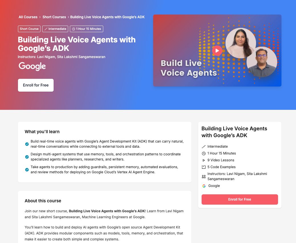 itsafiz's tweet image. Google is offering Building Live Voice Agents Course for FREE!
This course helps you build live voice agents with Google's ADK.
- 5 Code Example
- 9 Videos
- By Google
All for FREE! Find the course link👇