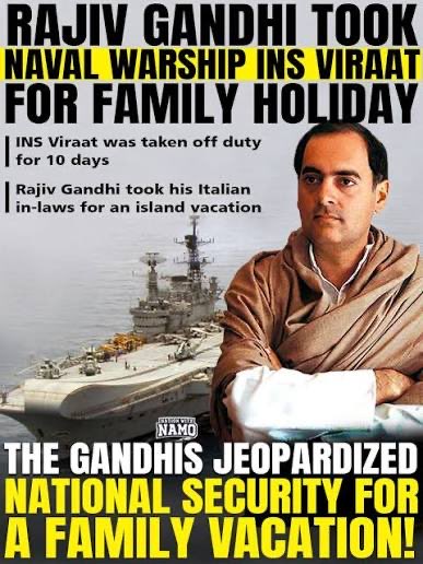 TonyTwitching's tweet image. Rajiv Gandhi used INS Viraat as a taxi for a 10-day vacation with his family (Sonia Gandhi's mother, her brother and maternal uncle) in 1987 at the cost of endangering national security.