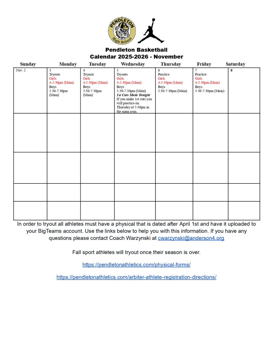 Tryout Schedule