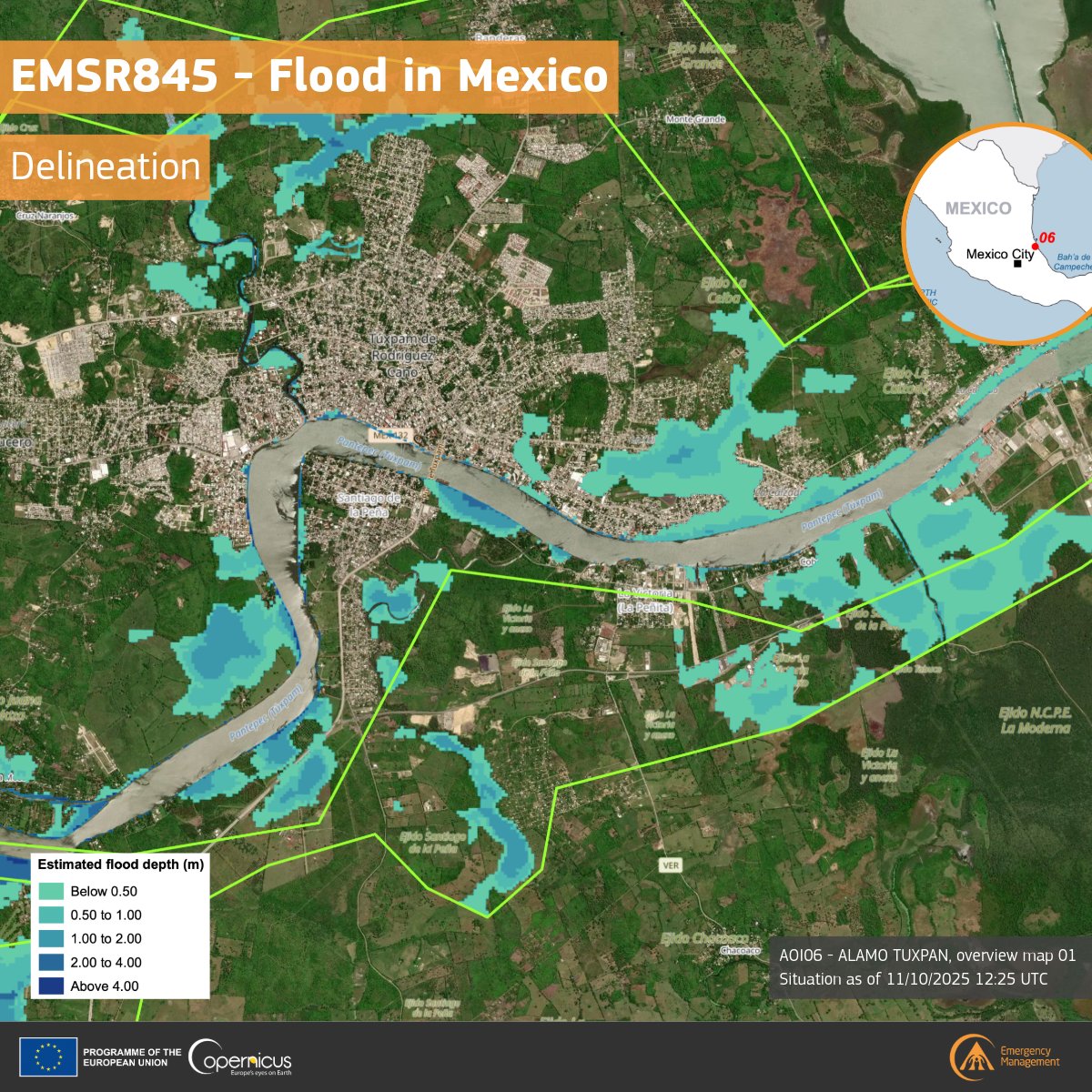🌊 #EMSR845 – Flood in Mexico 🇲🇽

Heavy rains since 11 Oct caused severe flooding and landslides across multiple states.

Our #MappingTeam analysed Alamo Tuxpan, identifying 7,900 ha flooded, incl. 217 ha of built-up areas and 131 km of roads affected.

🔗rapidmapping.emergency.copernicus.eu/EMSR845