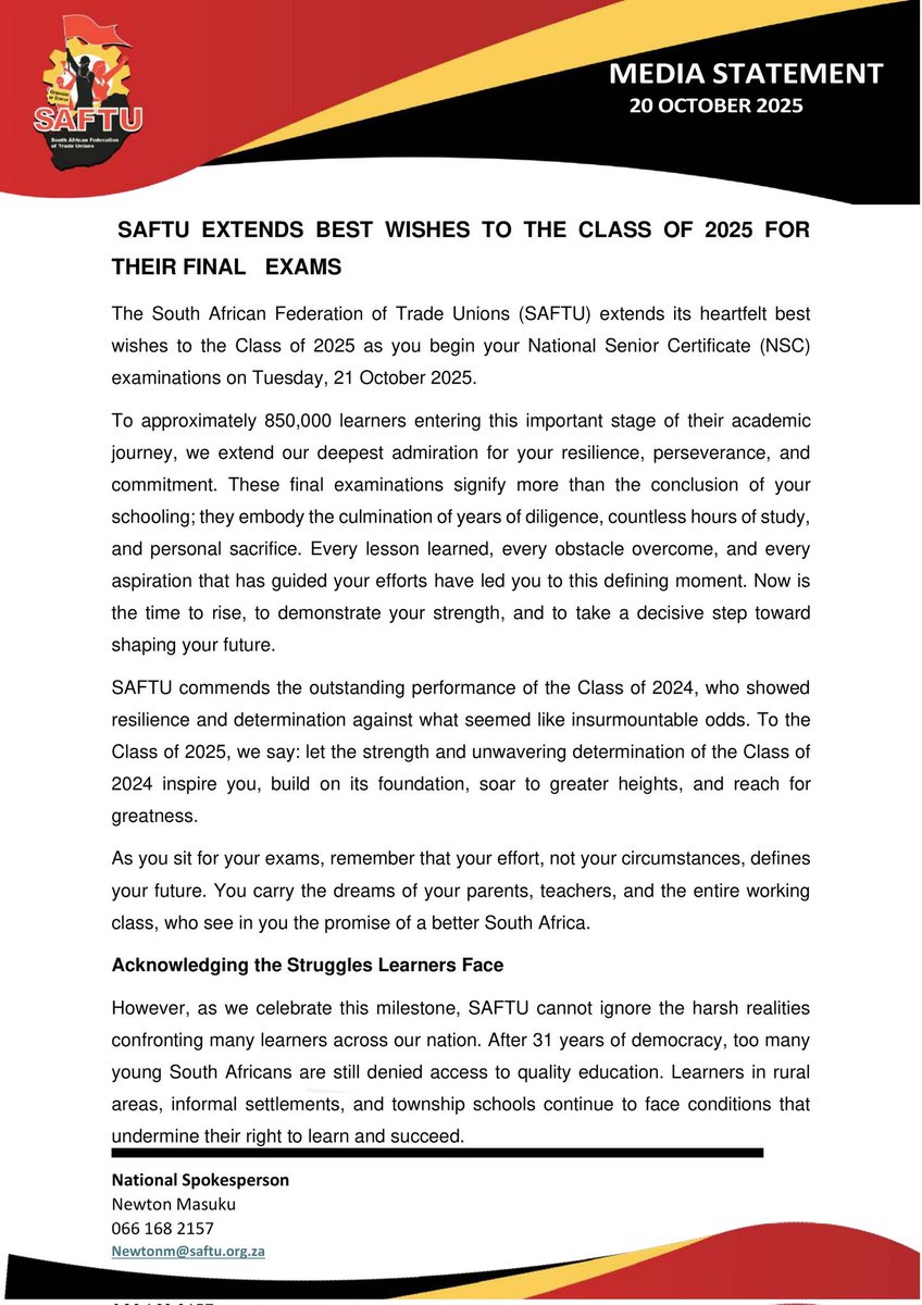 SAFTU extends best wishes to the class of 2025 for their final exams. 

#saftu
#departmentofeducation