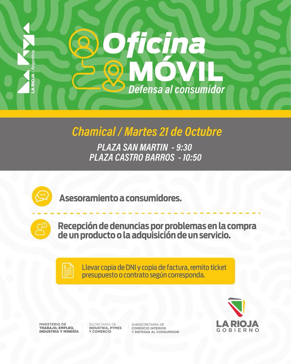 Llegamos a Chamical con nuestra Oficina Móvil. 🛺

📌Este martes 21 de octubre vamos a estar en la ciudad asesorando y receptando denuncias y/o reclamos de los consumidores.
