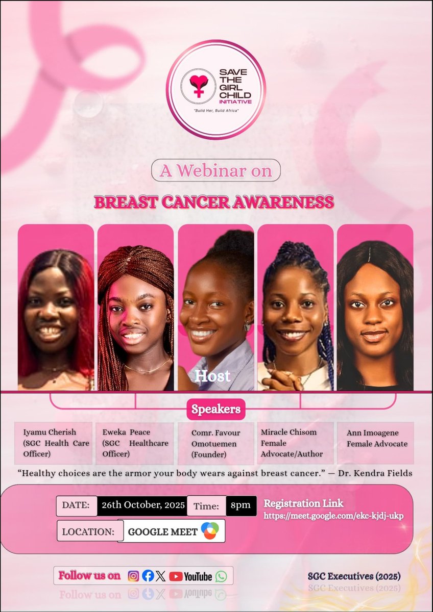 SGCInitiative's tweet photo. 🎗️STOP!!! A Life-Saving Alert🎗️  

Join our FREE breast cancer awareness webinar!!!

Learn the symptoms, self-exam tips, and hear real survival stories.  

🗓️ Date: Sunday, Oct 26th, 2025  
⏰ Time: 8:00 PM – 9:30 PM  
📍 Join via Google Meet: https://t.co/uqHVpIuRyG https://t.co/OWEkjIZWTn
