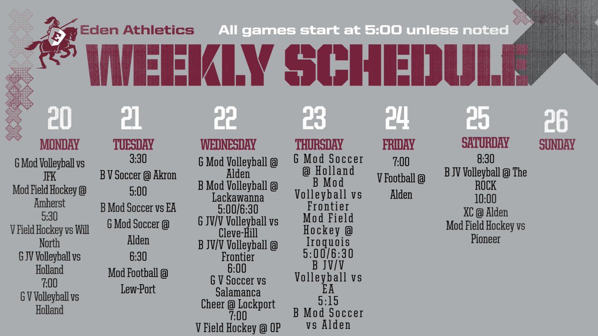 📢 <a href="/EdencsdRaiders/">EdenAthletics</a>
Here’s what’s happening this week at Eden. <a href="/EdenCSD/">Eden Central Schools</a> <a href="/EdenASBC/">Eden ASBC</a>
⚽️🏈🎾🏐🏑🏃‍♀️🏃🏊‍♀️⛳️