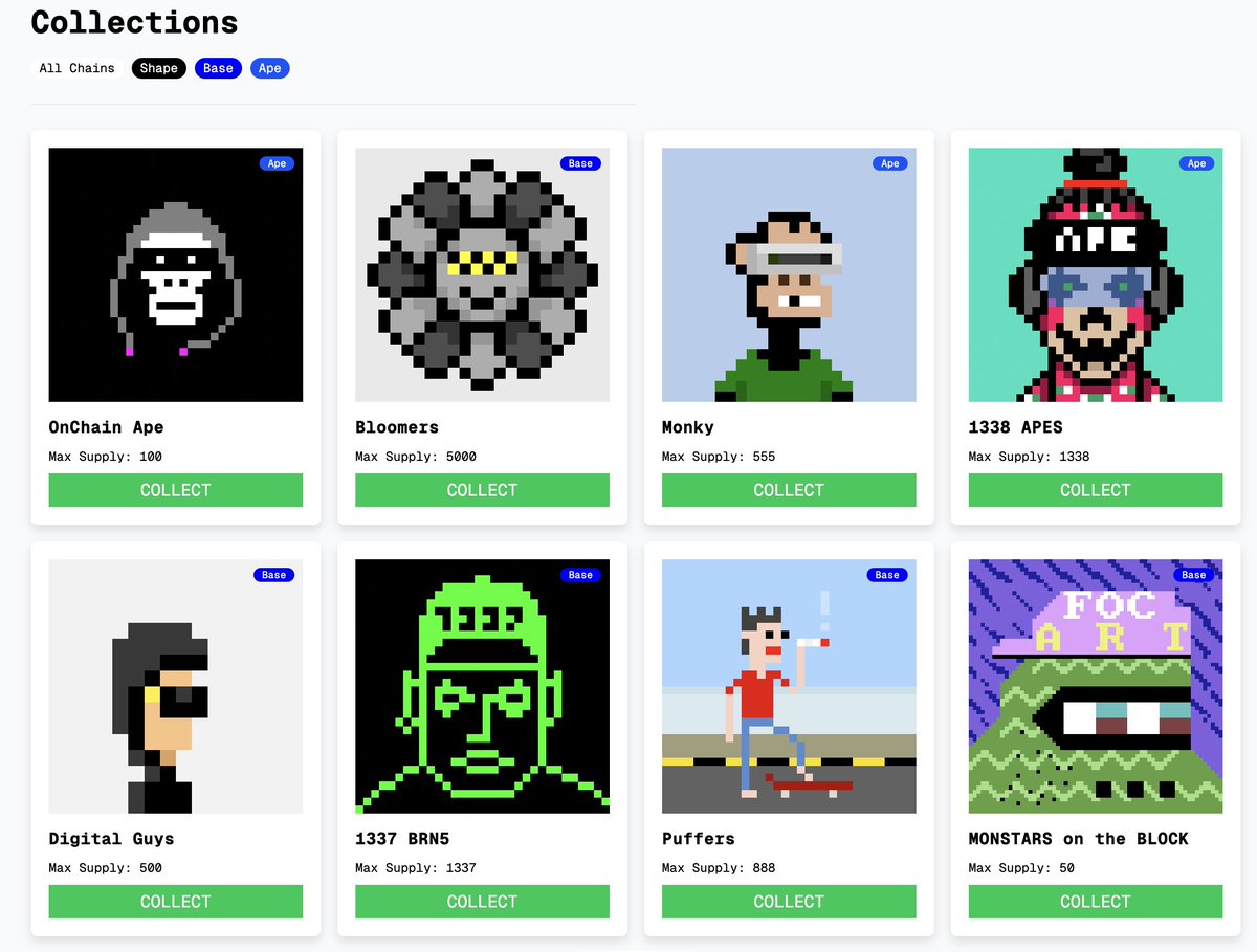 🚀 Create &amp; Collect Fully On-Chain Pixel Art Across ETH L2s 

Mintbay now supports:
<a href="/base/">Base</a>
<a href="/Shape_L2/">Shape</a>
<a href="/apecoin/">ApeCoin</a> 

And we’re adding <a href="/ethereum/">Ethereum</a>  L1 this week 👾

One platform all chains, for creators who want their art saved directly on-chain.

Pixels don’t belong in servers.
They