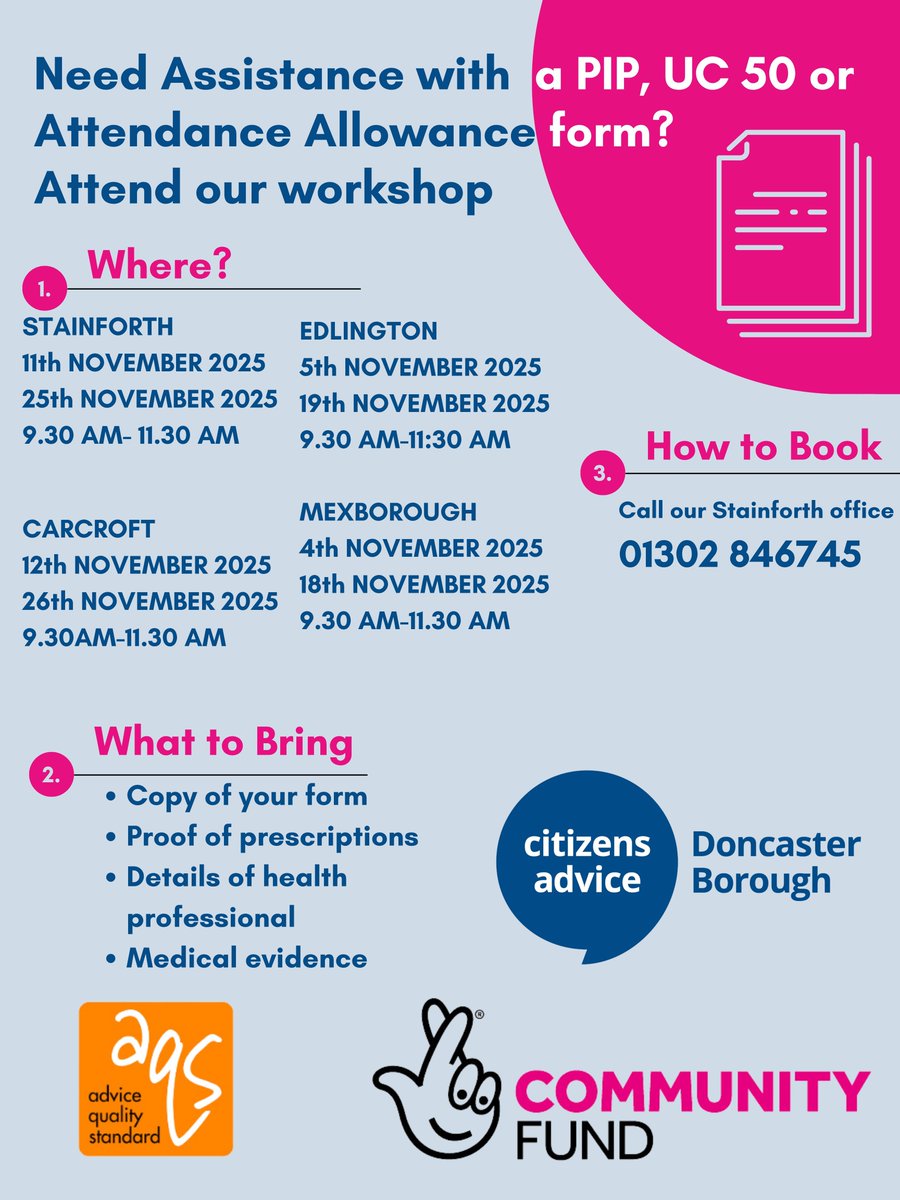 Need help with welfare benefits?
Citizens Advice Doncaster is offering workshops in Stainforth, Carcroft, Mexborough and Edlington throughout November to support you.

To book a place, call 01302 846745
#welfarebenefits #workshops #communitysupport #pip #attendanceallowance #UC50